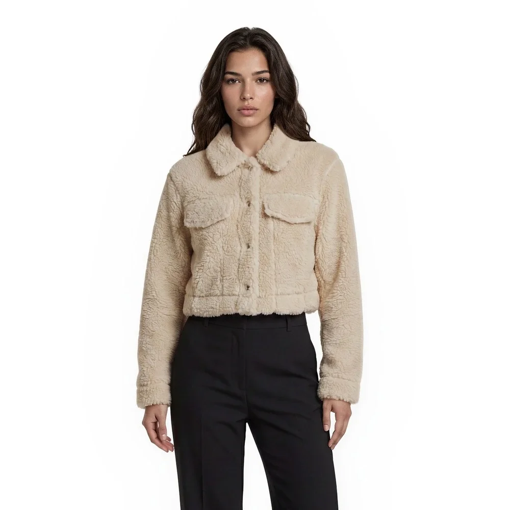 Love Tree Sherpa Trucker Jacket Women's Size Large Cream Cropped Faux Fur